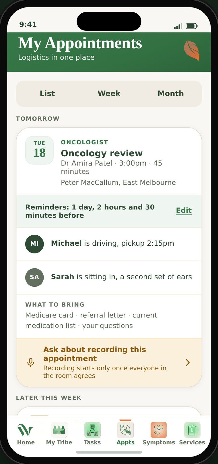 The Wilow appointments screen, showing logistics and a consent gated recording prompt.
